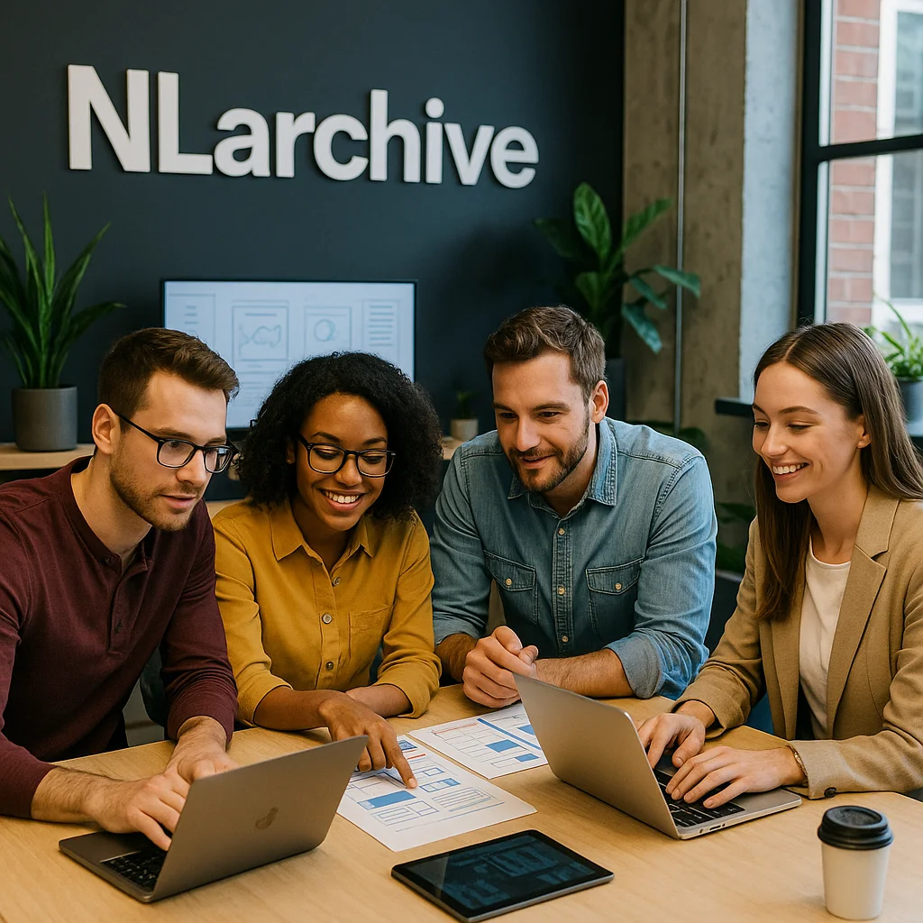 Equipo de NLarchive colaborando en la planificación de un proyecto, con laptops y diagramas sobre una mesa, en un moderno espacio de oficina con el logo de NLarchive al fondo.